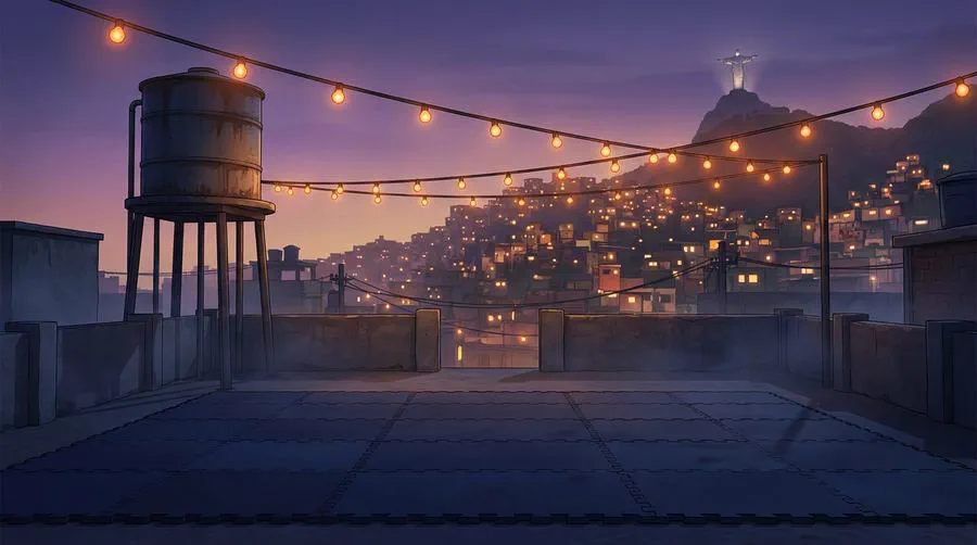 A Rio rooftop ring under a burnt-orange sky, favela lights below.