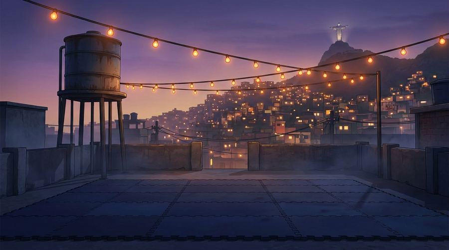 A Rio rooftop ring under a burnt-orange sky, favela lights below.