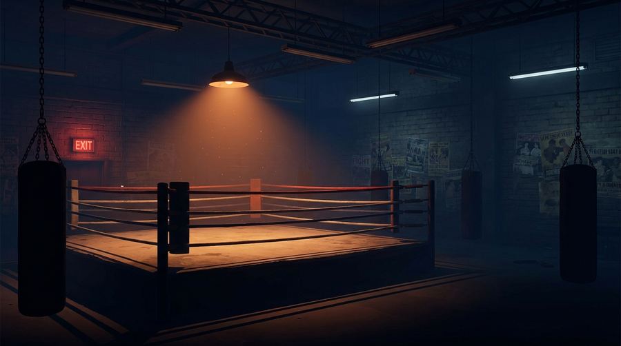 A boxing gym under one hard overhead light, a heavy bag in the dark.