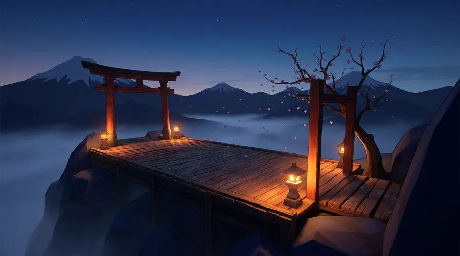 A mountain dojo in cold blue dawn mist above the peaks.