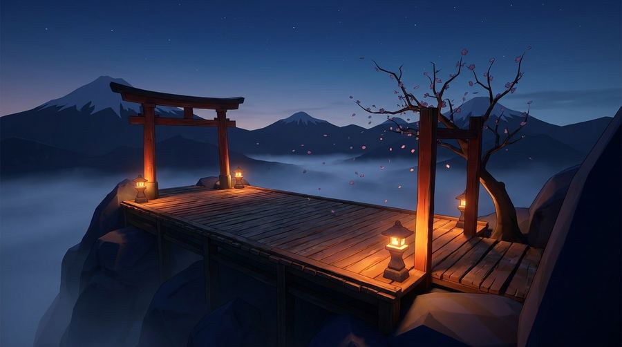 A mountain dojo in cold blue dawn mist above the peaks.