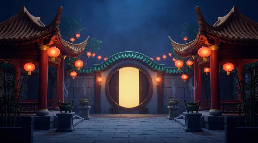 A Chinese temple courtyard glowing with bronze lantern light between old pillars.