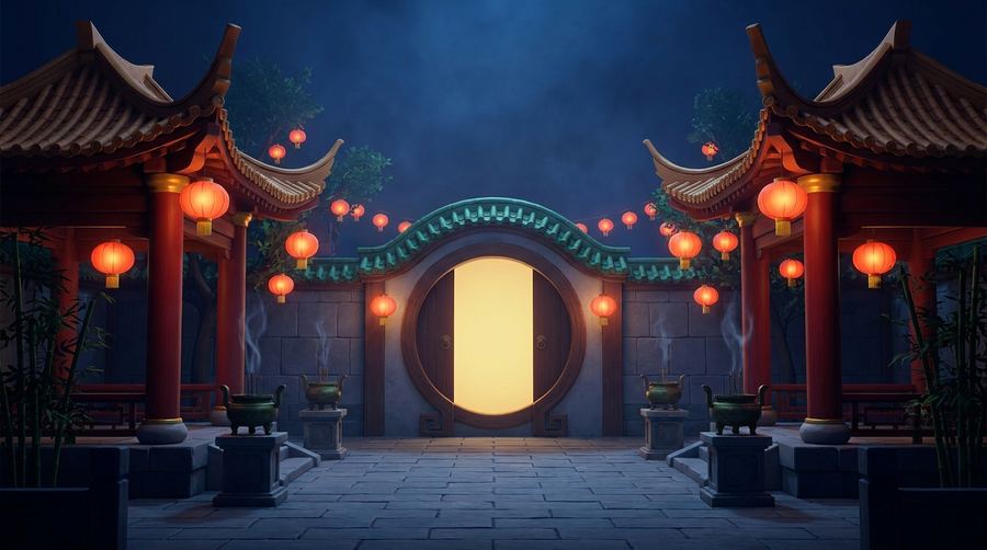 A Chinese temple courtyard glowing with bronze lantern light between old pillars.