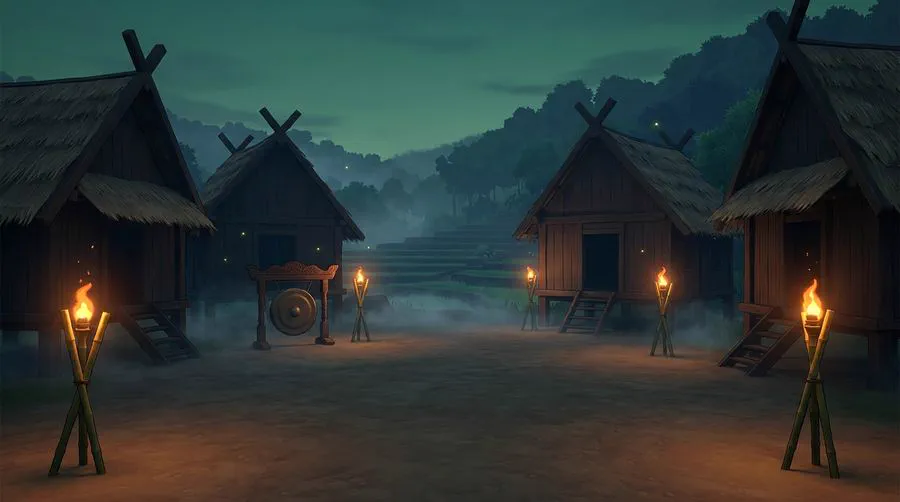 A humid green-gold village dusk where silat waits, low and patient.