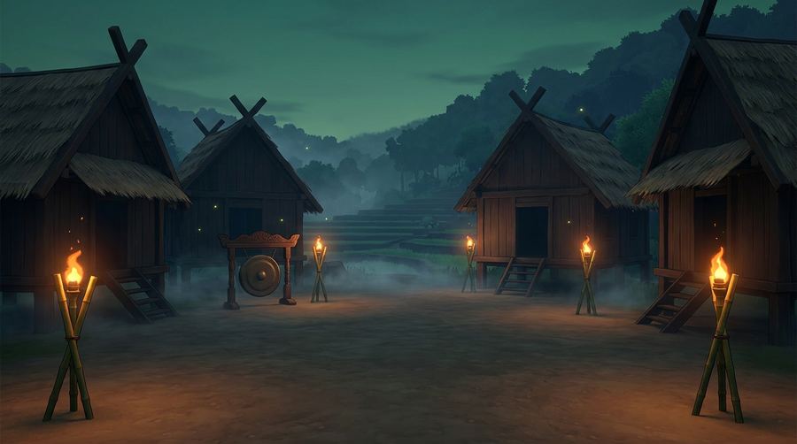 A humid green-gold village dusk where silat waits, low and patient.