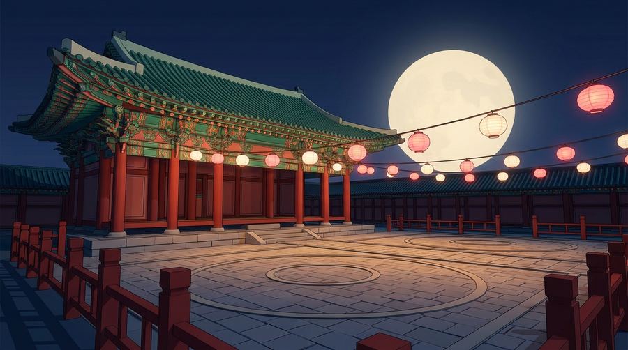 A neon-lit Seoul plaza in cool night air.
