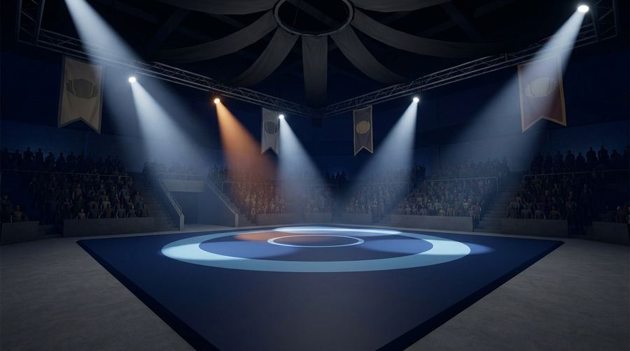 A wrestling mat under cold fluorescent tubes in a clean field house.