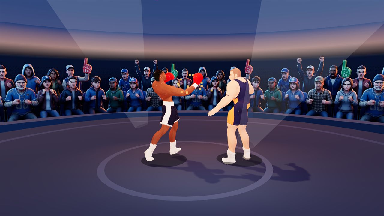 A boxer lands an uppercut on a wrestler's chin under spotlights, a packed crowd behind them