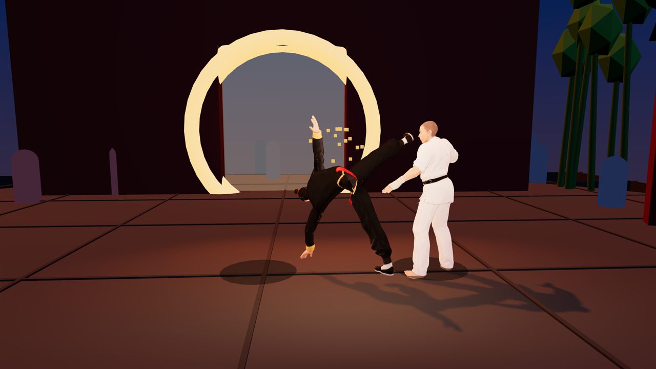 A kung fu fighter inverted mid-super, driving a heel into a karate fighter's guard beneath a glowing moon gate