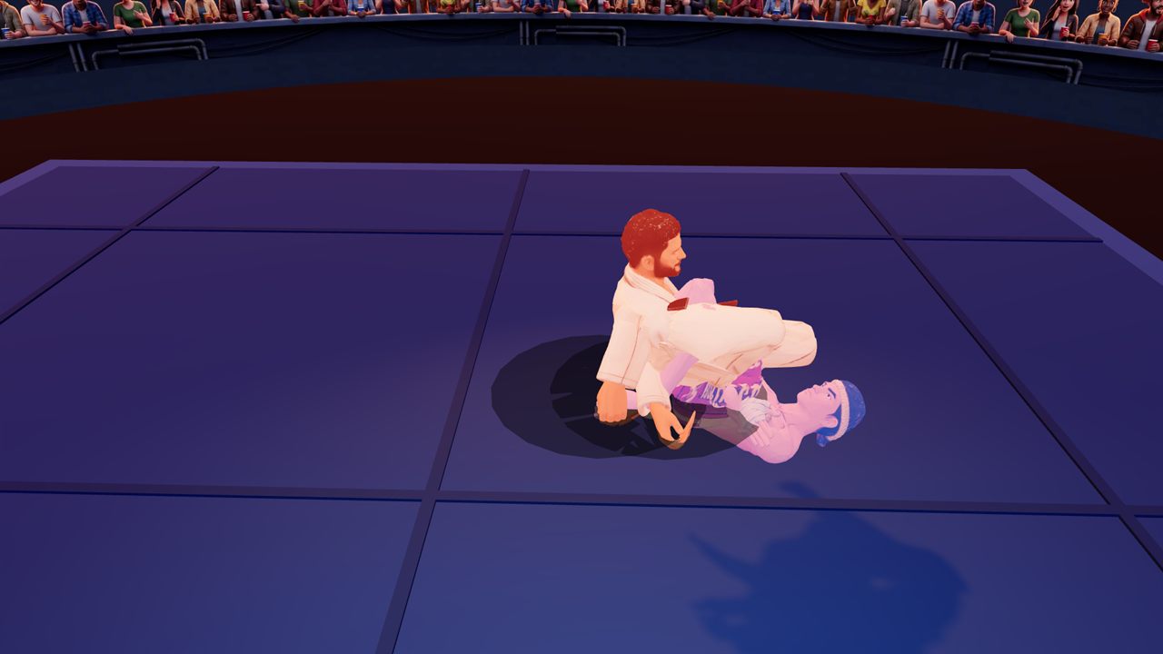 A Brazilian Jiu-Jitsu fighter in the mount position on a Rio rooftop mat, seen from the low ground camera
