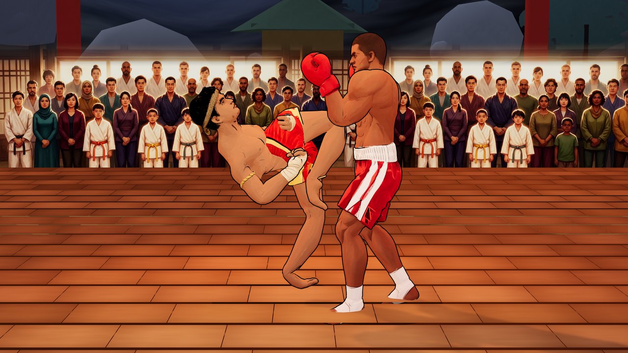 A Muay Thai fighter drives a knee into a boxer's body in front of a packed dojo crowd