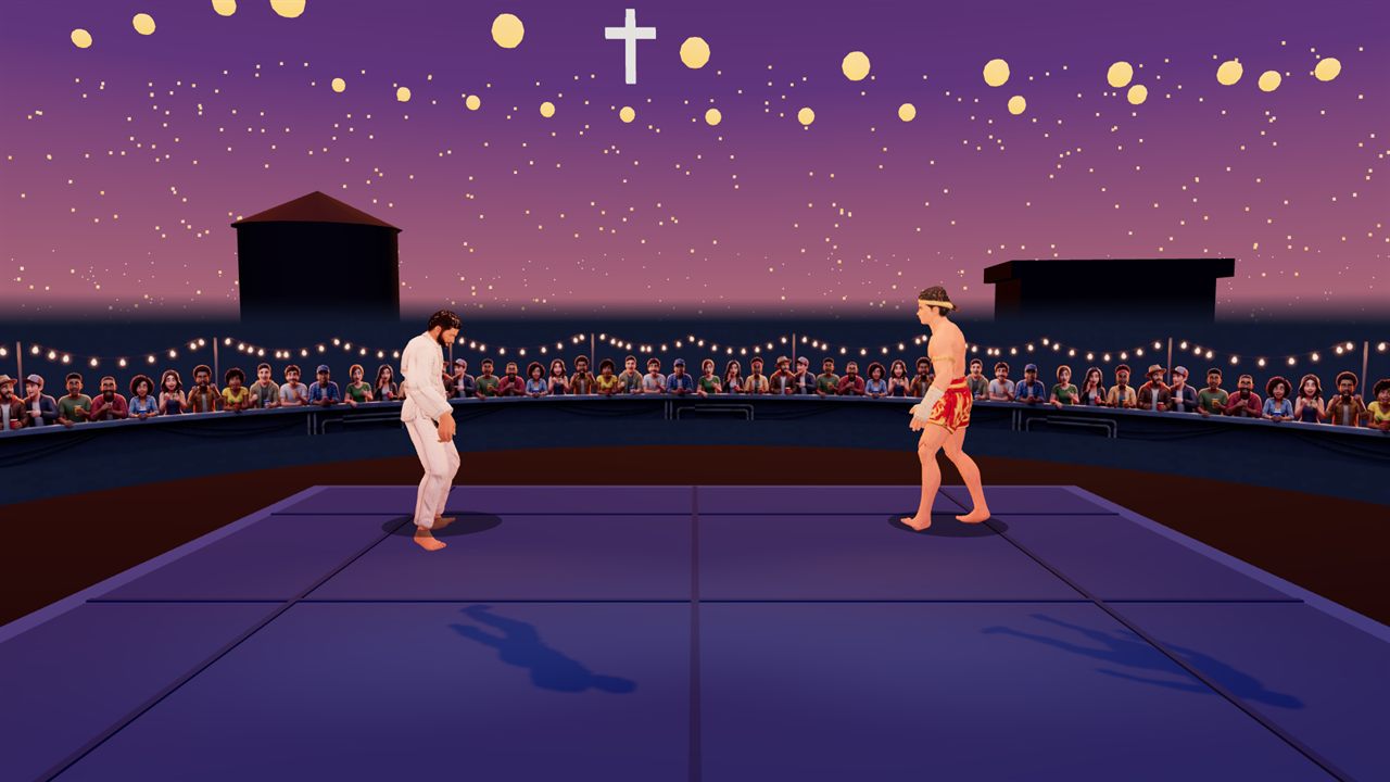 Two fighters face off on a Rio rooftop at dusk, ringed by a full crowd under lanterns and string lights