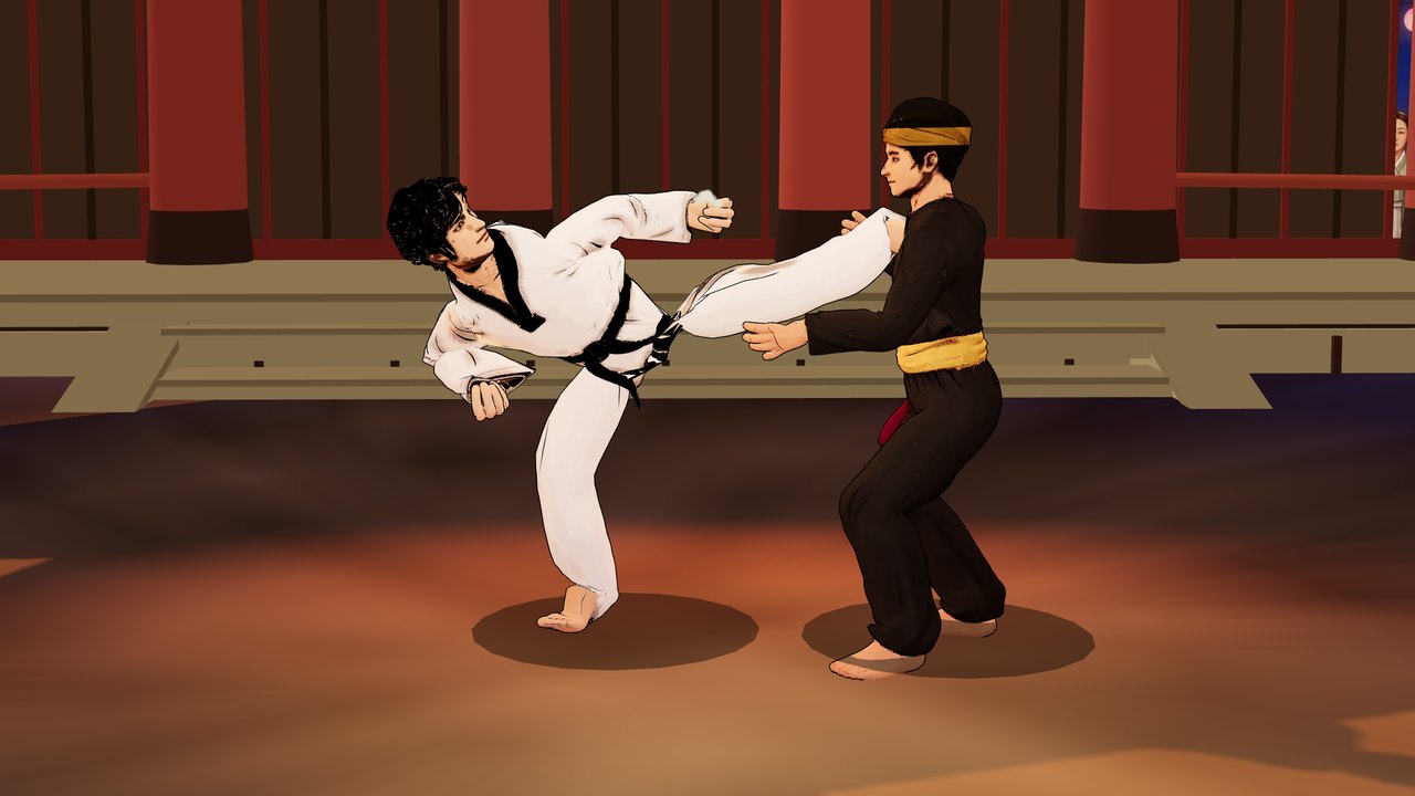 A taekwondo fighter lands a full-extension side kick on a silat fighter in the red-pillared hall
